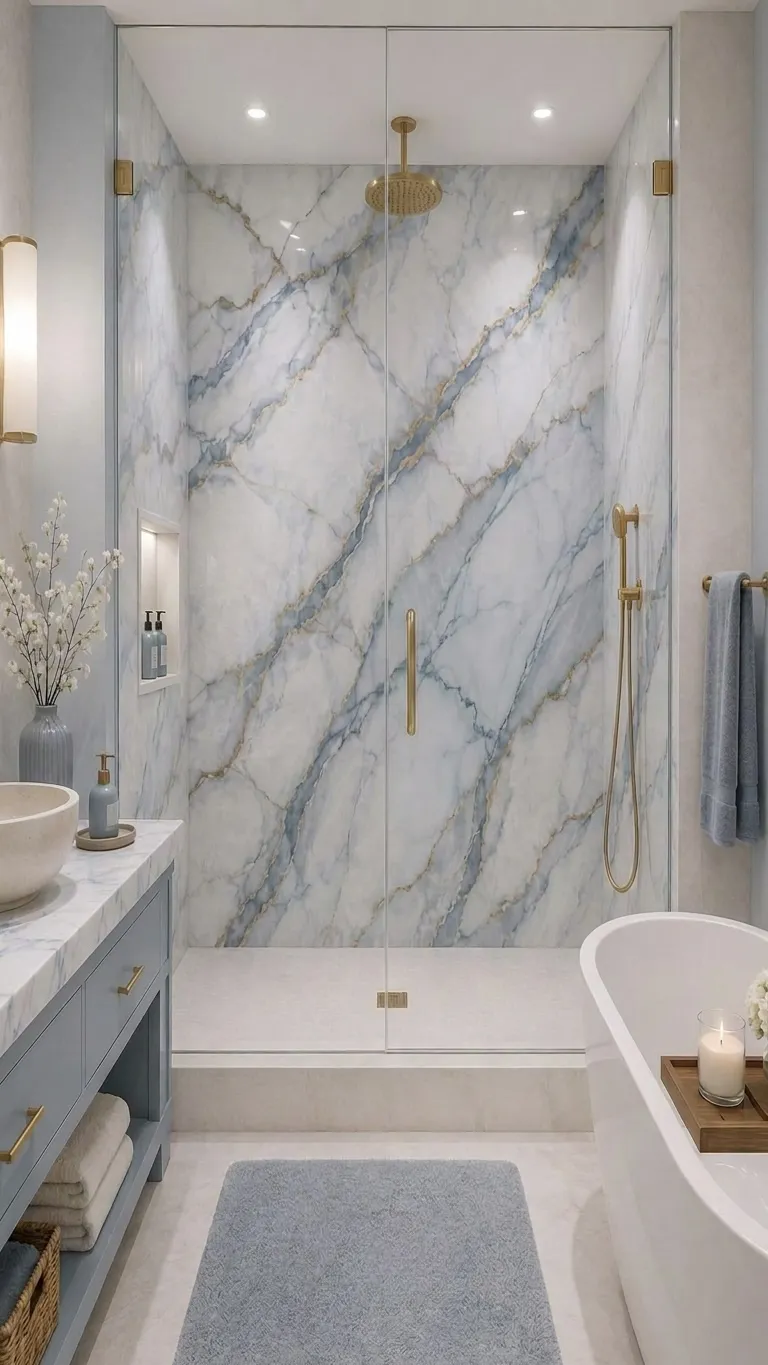 Remodeled bathroom with a tiled walk-in shower by Guild Builders