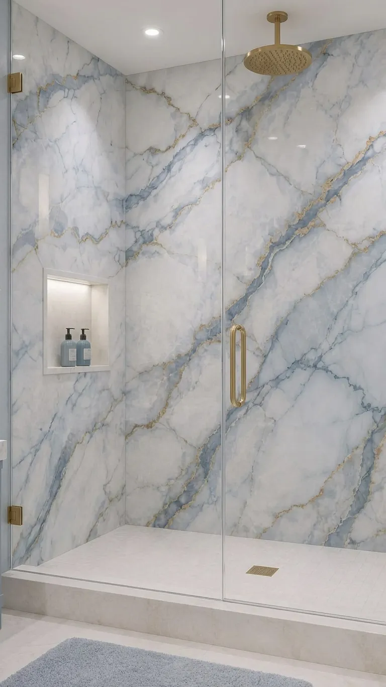 Frameless glass shower with marble slab walls, lit niche and gold rain shower head