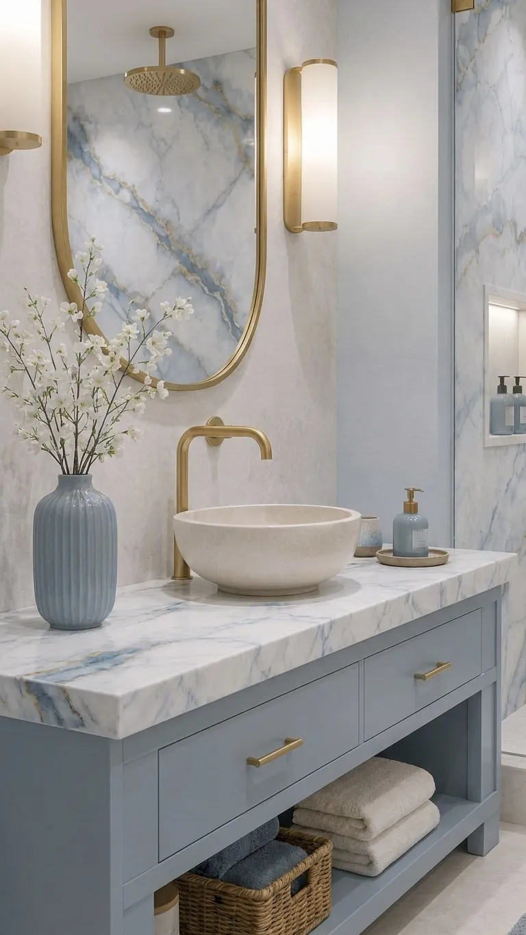 Blue-grey vanity with marble countertop, stone vessel sink and gold faucet