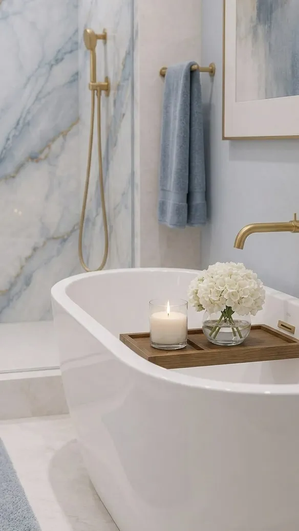 Freestanding soaking tub with gold filler beside the marble shower